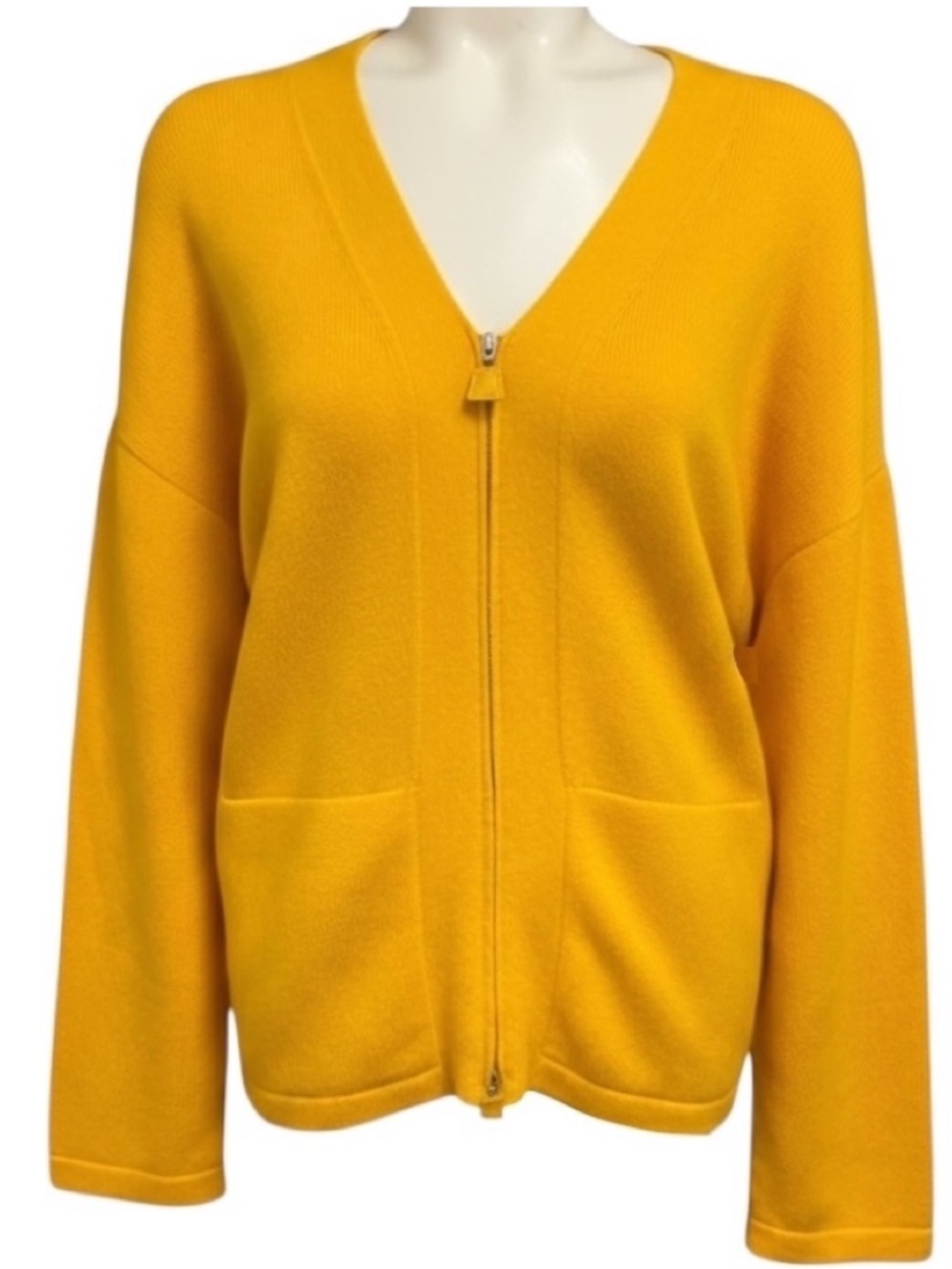 AKRIS MUSTARD YELLOW ZIP FRONT CASHMERE KNIT SWEATER